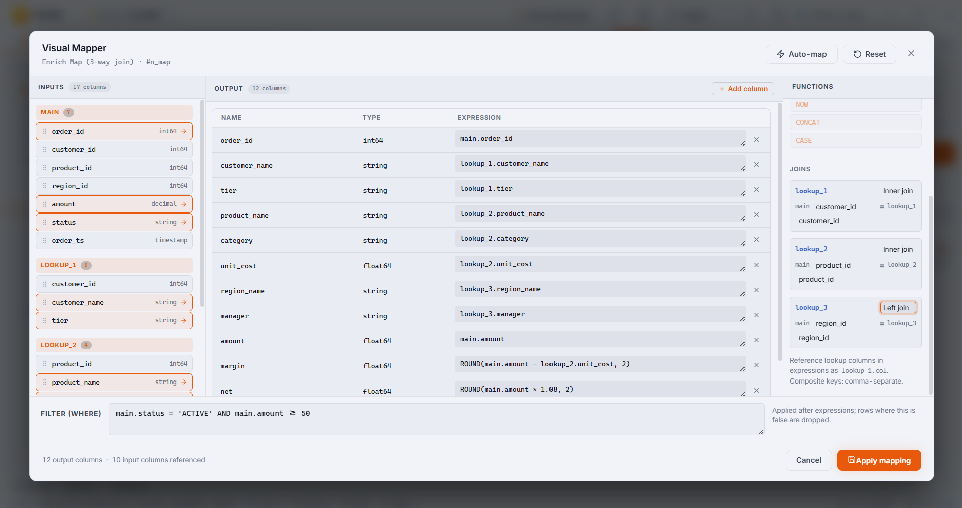 The visual Map editor with a main input, two lookups, typed output expressions and a filter